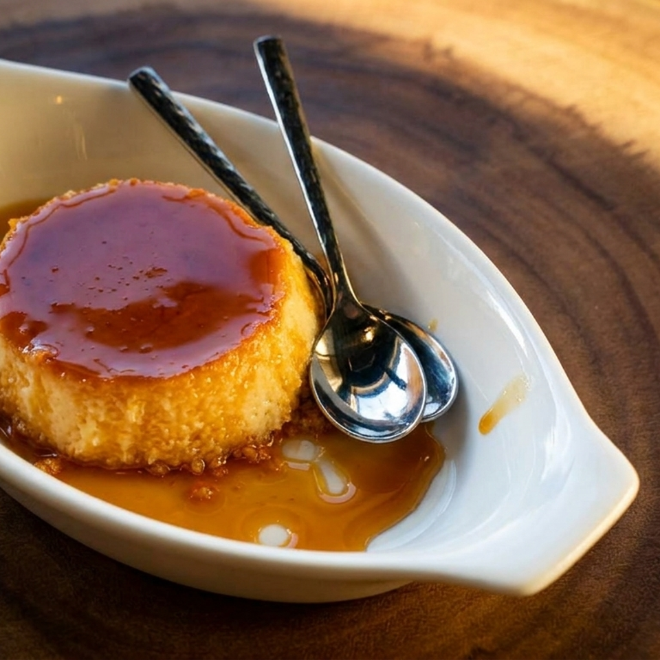 Flan dessert with caramel sauce in a white dish, with two small spoons, on a wooden surface.