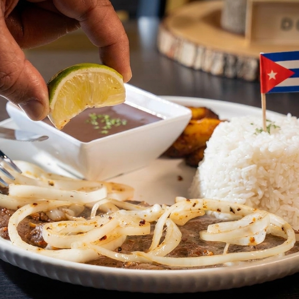 Hand squeezing lime over Cuban steak with onions, rice, plantains, and a Cuban flag.
