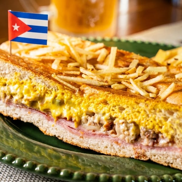 Cuban sandwich with a Cuban flag pick, topped with shoestring fries on a green plate.